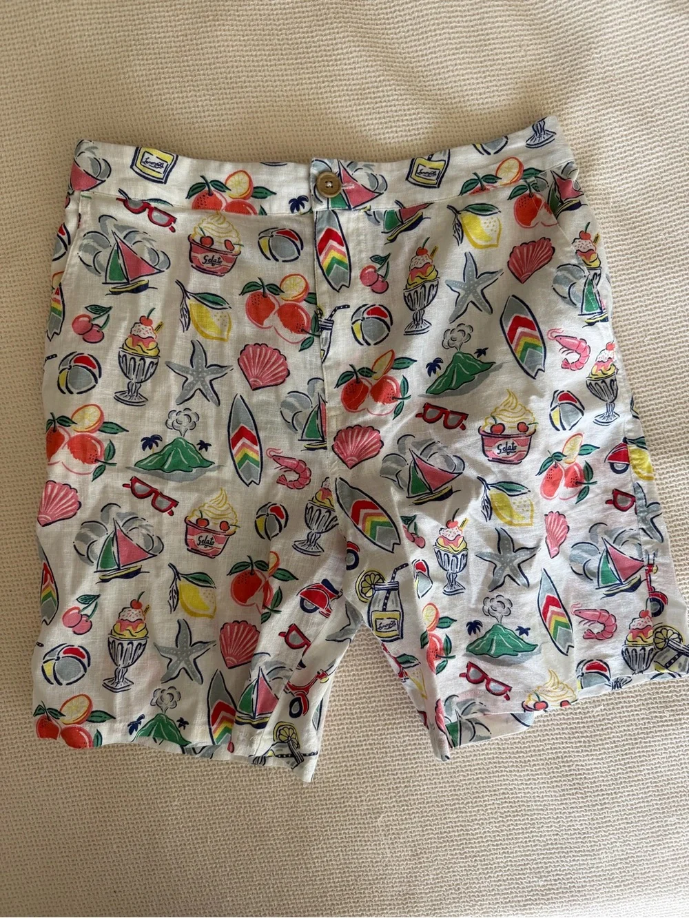 Mini Boden Cotton Linen Beach Print White Cotton Shorts
